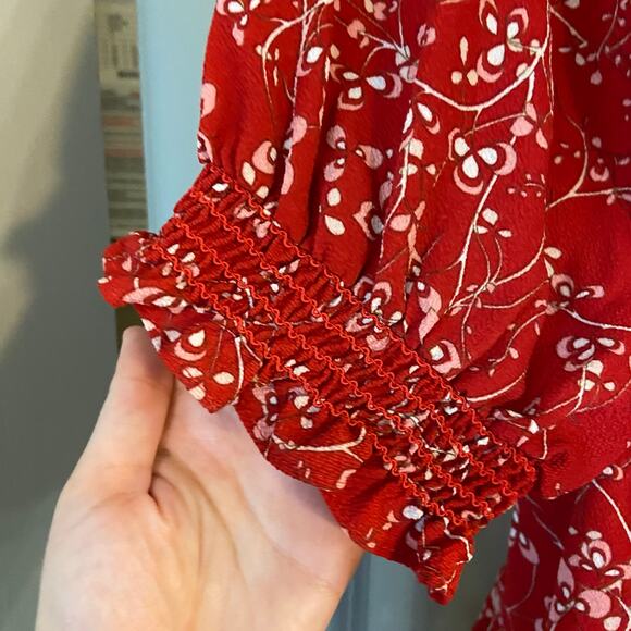 Max Studio Women's Size XL Red Floral Printed Smocked Peasant Square Neck Blouse - Picture 3 of 7